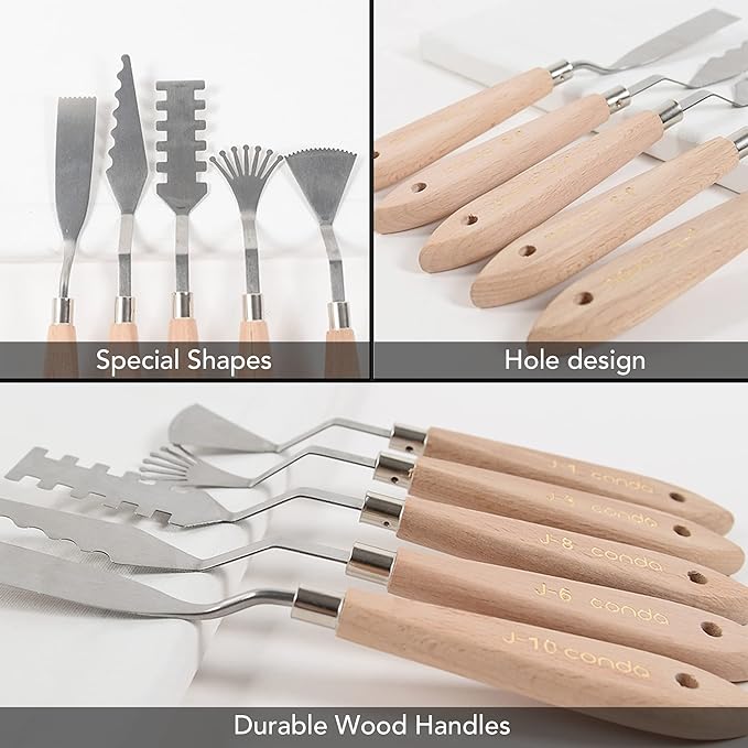 CONDA Palette Knife Set -10Pcs Stainless Steel Spatula Pallet Knife Painting Tools Metal Knives Wood Handle with Different Shapes and Sizes