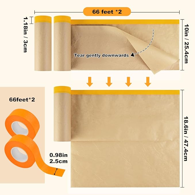 Pre-Taped Masking Paper for Painting, 2 Pack 18 inch x 66 Ft Masking Paper Roll and 1 inch x 66 Ft Masking Tape, Tape and Drape Paint Adhesive Papers for Covering Skirting, Frames, Cars and Auto Body