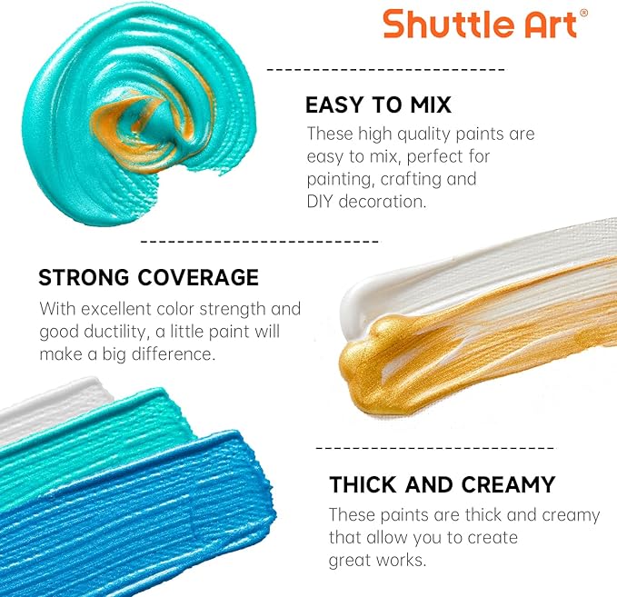 Shuttle Art 30 Colors Metallic Acrylic Paint, Artist Grade Metallic Paint in Bottles (60ml, 2oz), Rich Pigmented, High Viscosity, Non-Toxic for Artists, Beginners on Rocks Crafts Canvas Wood Fabric