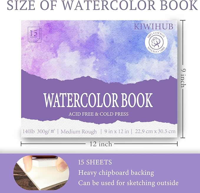 KIWIHUB Watercolor Paper Pad, 9 x 12 in, 100% Cotton, 140lb Medium Rough Artist Painting Drawing Paper Book, Art Supplies for Adults Kids, Watercolors