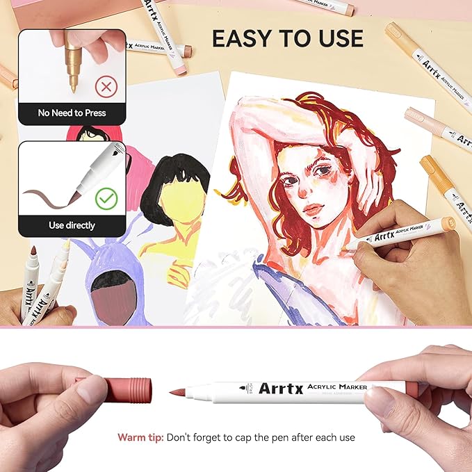 Arrtx 30 Colors Skin Color Acrylic Paint Pens, Skin Tone Paint Markers Paint Pens for Artists Adults Coloring Drawing Brush Tip for Rock Painting, Wood, Canvas, DIY Crafts Making Art Supplies