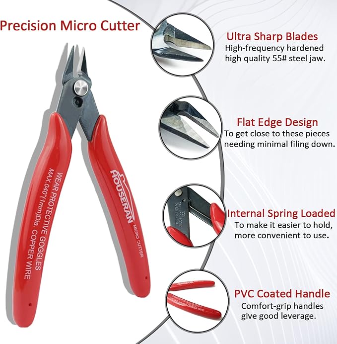 170 Wire Cutters, 10 PACK, 5 Inch Micro Flush Cutter, HOUSERAN Small Wire Cutters Spring Loaded Cutting Pliers, Side Cutters, Diagoanl Cutters for Jewelry Making, Models, Zip Ties Plastic Wire Snips