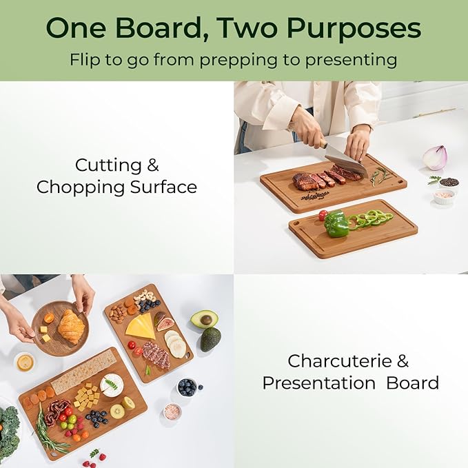 Butcher Block 2-Pcs Carbonized Bamboo Cutting Board Set With Juice Groove For Meal Prep & Cheese Serving - Ideal Kitchen Gift Set of 2 (M+L)
