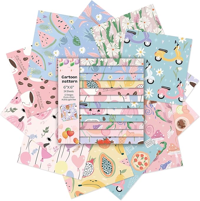 24 Sheets 12 Designs Scrapbook Paper Pad,6"×6” Single-Sided Decopodge Craft Cardstock Paper,Christmas Scrapbooking DIY Decorative Background Cardmaking Supplies.Cartoon