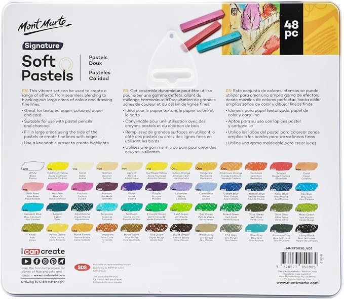 Mont Marte Soft Pastels in Tin Box Signature 48pc, 48 Assorted Colors, Vibrant Pastel Sticks, Great Blending, Comes in Storage Case, Ideal for Art, Craft, Coloring and Sketching