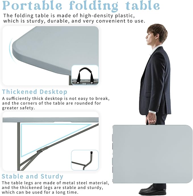 Set of 2 Folding Table 6 FT Lightweight Camping Table Portable Plastic Rectangular Outdoor Dining Table Steel Legs Fold-in-Half with Carrying Handle for Indoor,Picnic,Party,Wedding,Events(Grey)