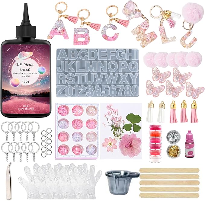 YV-cozx UV Resin Jewelry Making Kit,Crystal Clear Resin with 26 Letter Molds and Casting Tools,DIY Jewelry Making Kit for Necklace,Keychain,Earring (Pink Letter)