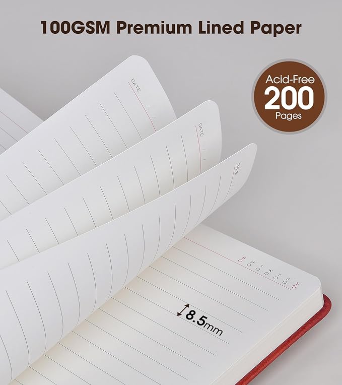 Red A5 Lined Leather Journal Notebook for Men Women,5.9" X 8.4" Personalized Hardcover Journal with Pen,200 Pages 100 Gsm Thick Ruled Paper Daily Diary for Travel,Business,Work,Writing