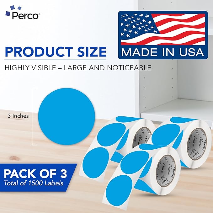 Perco Light Blue 3-Inch Round Circle Dot Sticker Labels - Multi-Roll Pack (3 Rolls, 500 Labels Each) - Permanent Adhesive, Vibrant Colors, Strong Hold - Perforated for Easy Use - Made in USA