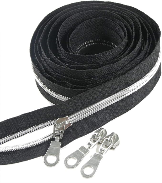 Leekayer #5 Silver Metallic Nylon Coil Zippers by The Yard Bulk 10 Yards Black Tape with 25pcs Silver Sliders for DIY Sewing Tailor Craft Bag(Black)