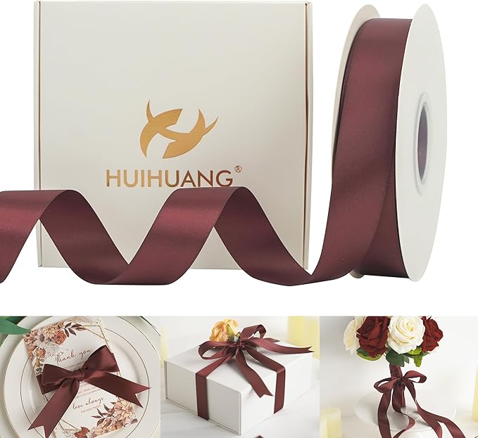HUIHUANG Burgundy Satin Ribbon 1 inch x 50 Yards Dark Burgundy Double-Faced Polyester Ribbon for Gift Wrapping, Wedding Invitations, Hair, Bows Making, Christmas Holiday Decor, Floral Arrangement