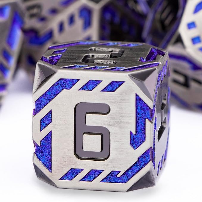 Metal DND Sci-fi Dice Set 7PCS Stripe Polyhedral Dice for Dungeons Dragons RPG Role Playing Game, Glitter D and D Dice with Gift Box D6 D8 D10 D12 D20 (Blue Purple&Grey)