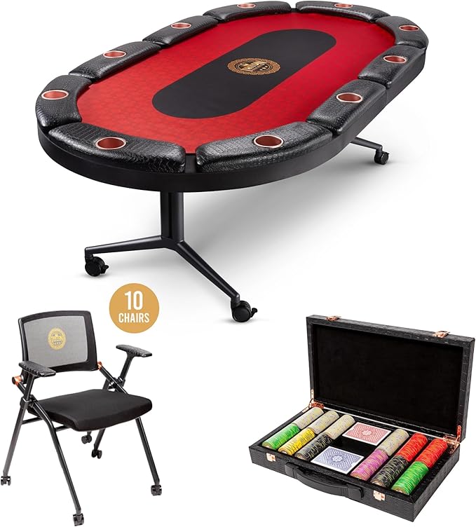 Triton Foldable Poker Table with 10 Chairs and Poker Chips Set 300- Premium Soft-Padded Armrest, Individual Cup Holders- Premium Chips Set, Individual Chair for Everyone
