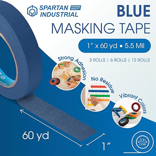 Spartan Industrial - 1" X 60 yd Blue Masking Tape - 3 Color Tape Rolls for Arts and Crafts, Painting, and More - No Residue, 5.5 Mil