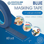 Spartan Industrial - 1" X 60 yd Blue Masking Tape - 12 Colored Tape Rolls for Bundling, Labeling, and More - No Residue, 5.5 Mil