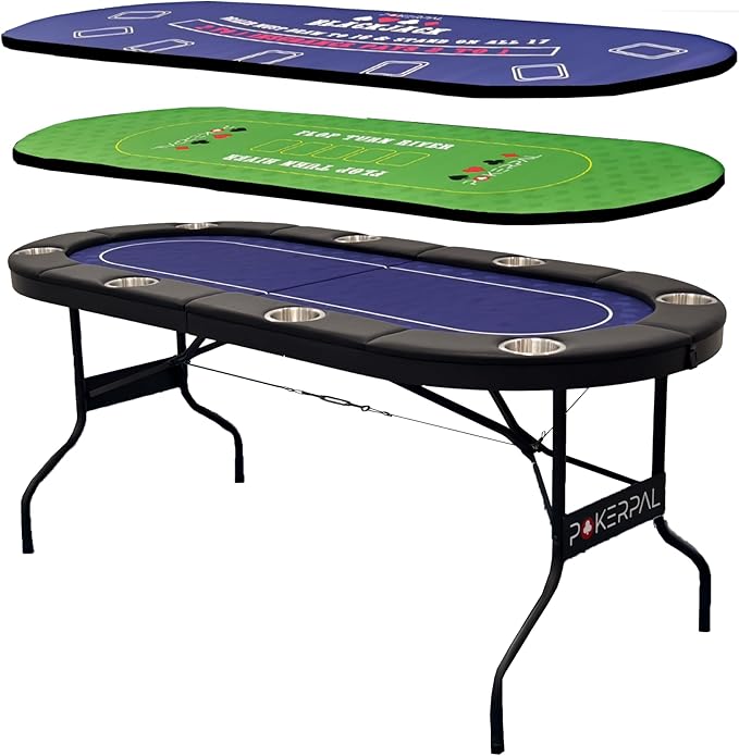 8 Player Poker Table with 2 Interchangeable Game mats, Texas Holdem Poker and Blackjack, Collapsible Casino Table with Padded Rails and XXL Cup Holders for Wine and Whiskey Glasses, (71 in)