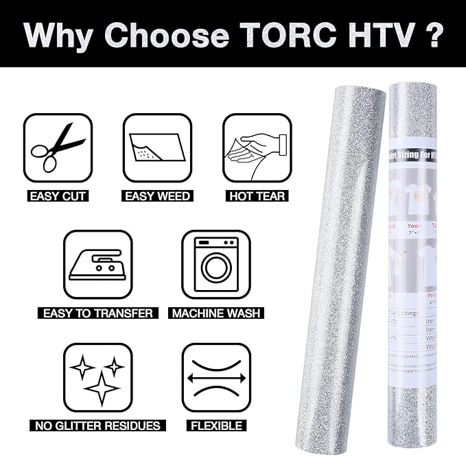 TORC Silver Glitter HTV Heat Transfer Vinyl Roll 12 inch x 5 ft Iron on Vinyl for T Shirts Crafts