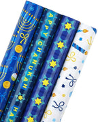WRAPAHOLIC 30 Inch Hanukkah Wrapping Paper Roll - Jumbo Roll Menorahs, the Star of David, Candles Design for Chanukah Celebration - 4 Rolls - 30 Inch x 120 Inch Per Roll
