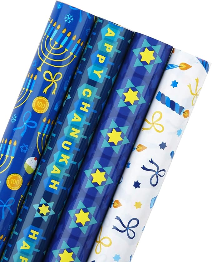 WRAPAHOLIC 30 Inch Hanukkah Wrapping Paper Roll - Jumbo Roll Menorahs, the Star of David, Candles Design for Chanukah Celebration - 4 Rolls - 30 Inch x 120 Inch Per Roll