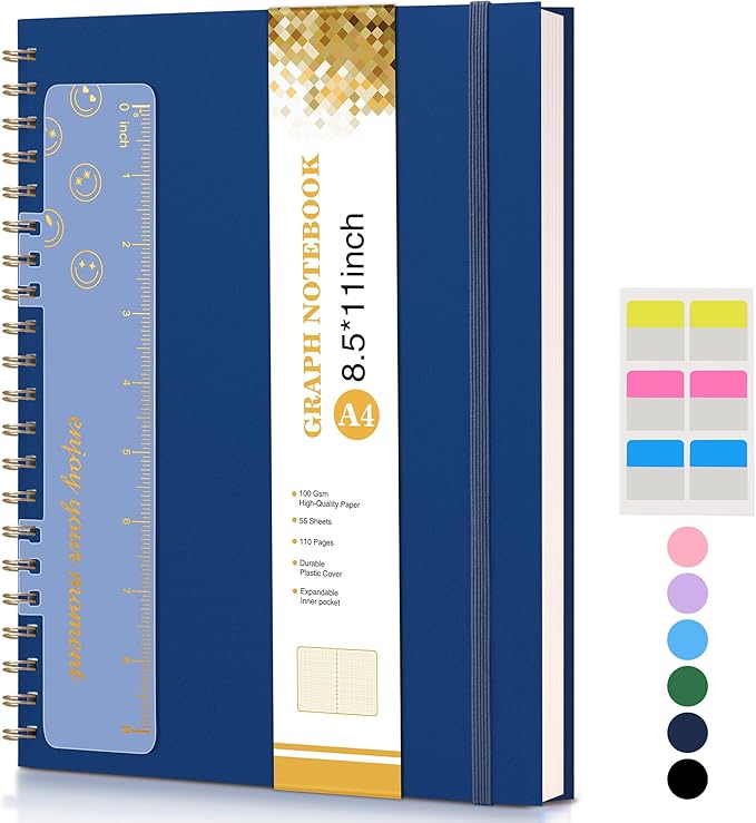 Graph Paper Notebook, Spiral Notebook Journal 8.5” x 11”, A4 Large Grid Notebooks for Women Men, 100 GSM Graph Paper, Plastic Hardcover Spiral Graphing Journals for Work School Engineering, Navy