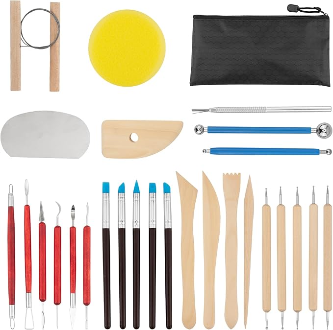 Clay Sculpting Tools Kit 28PCS, Clay Pottery Carving Tool Kit with Wooden & Stainless Steel Clay Tools, Professional Clay Sculpting Tools for Adults, Sculpting Tools for Air Dry Clay, Polymer, Ceramic