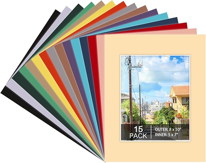 Prudiut 15 Pack 8x10 Picture Mats, Mixed Colors Frame Mattes for 5x7 Pictures Photo Frame Mat Core Bevel Cut Mat Board Show Kit for Photos, Prints, Artworks