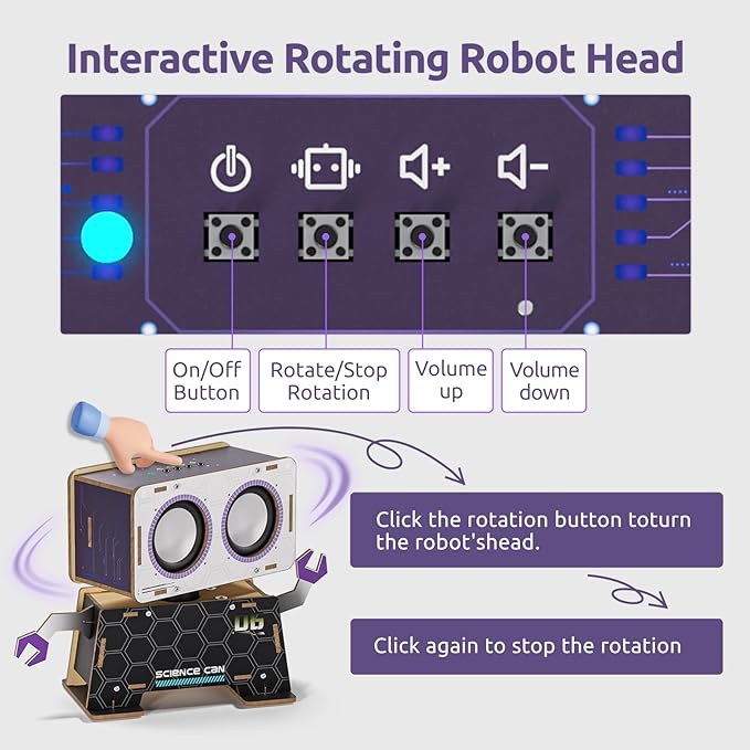 Science Can Stem Toys DIY Bluetooth Speaker, Build Your Robot Bluetooth Speaker with Rotating Head, Electronic STEM Kits with Wooden Puzzles, Gift for Teens Boys & Girls Ages 8-14
