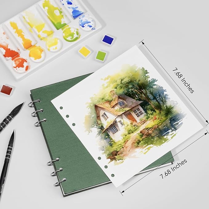 Lightwish Square Watercolor Journal,100% Cotton,300gsm/140lb,Acid-Free,20 Sheets Hot Press Watecolor Paper Sketchbook for Artists Adults Students,7.68 * 7.68 Inches(Dark Green)