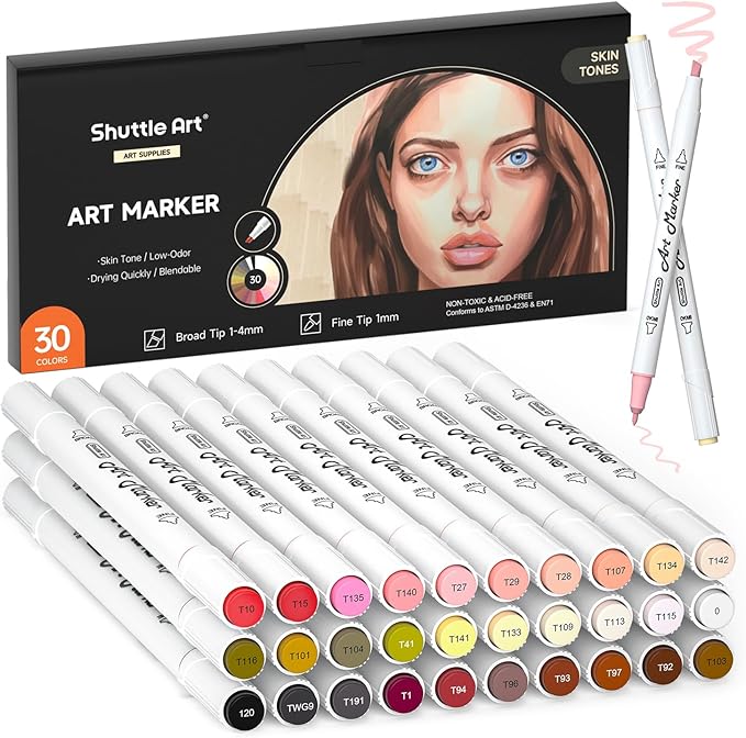 Shuttle Art 30 Colors Skin Tone&Hair Art Markers, Dual Tip Alcohol Based Flesh Color Marker Pen Set Contains 1 Blender Perfect for Kids & Adults Portrait,Comic, Anime, Manga, Illustration
