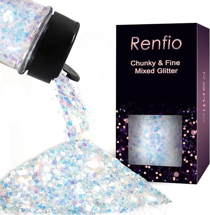 Renfio Opal Chunky Glitter, 1.58oz/45g White Glitter, Dreamy High Sparkle Glitter for Crafts Holographic Fine Glitter Mix Iridescent Glitters Flake for Resin Nails Art Hair DIY Snow Globe - Ocean Wave