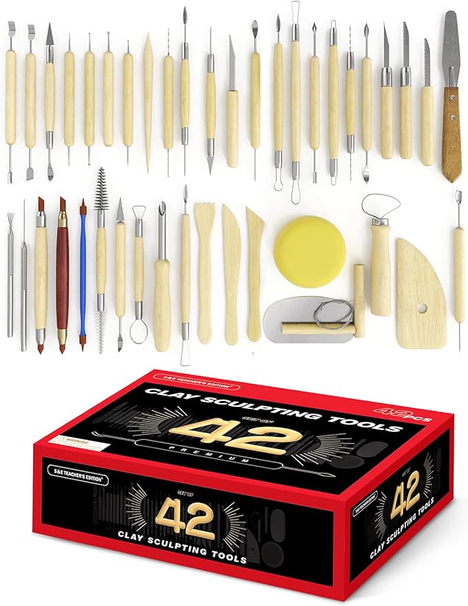S & E TEACHER'S EDITION 42 Pcs Polymer Clay Tools, Air Dry Clay Tools, Clay Scultping Tools Double-Sided with Smooth Wooden Handles for Kids and Adults Pottery Craft, Carving, Molding, Modeling, Shaping
