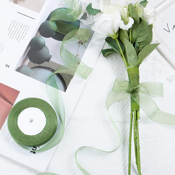 Ribbon for Gift Wrapping 3/4 inch Sage Green Sheer Organza Ribbon for Flower Bouquet Tulle Thin Chiffon Ribbons for Wedding Invitations Christmas Halloween Presents Decorations Crafts 50 Yards