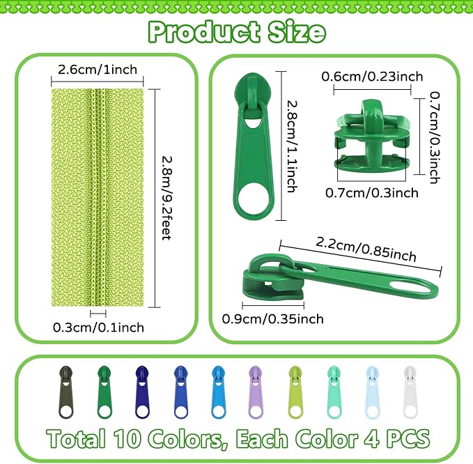 DOITEM 31 Yards / 28 m 10 Pieces Sewing Zippers #3 Nylon Coil Zippers Assorted Zipper for Sewing with 40 Zipper Sliders for DIY Tailor Sewing Crafts Supplies, 10 Color