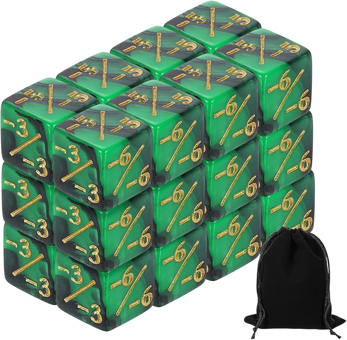 uxcell 24Pcs Magic Dice Counters, Acrylic D6 Life Token Dice Set with Pouch for Standard Cards Gaming Accessories, Green & Black