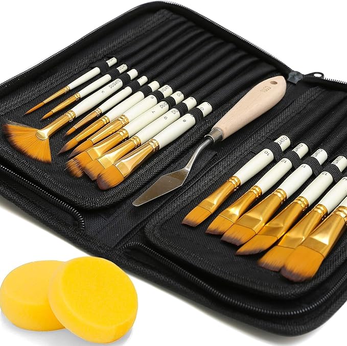 DUGATO 15pc Artist Paint Brush Set with Pop-Up Case, Palette Knife & Sponges - Nylon Hair for Acrylic, Oil, Watercolor, Gouache, Model & Craft Painting