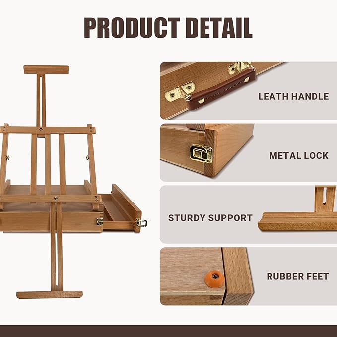 Large Sketchbox Table Top Easel with Dual Dawers- Adjustable Solid Beech Wood Artist Desktop Easel with Storage Holds Canvas up to 34'' High, for Markers, Sketch or Draw