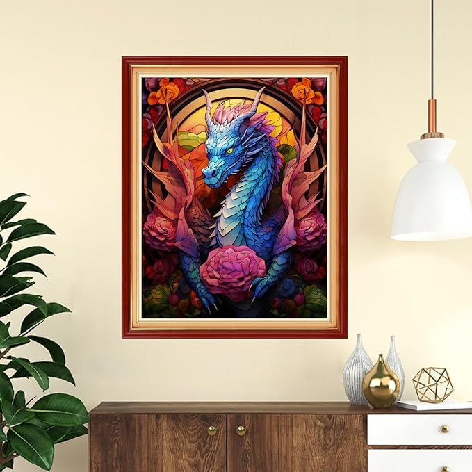 DMCVIVR Stamped Cross Stitch Kits for Adults Beginners Embroidery Kits 11CT Needlepoint Kits Cross Stitch Patterns Embroidery Patterns- Colored Dragon Flower 16x20 inch