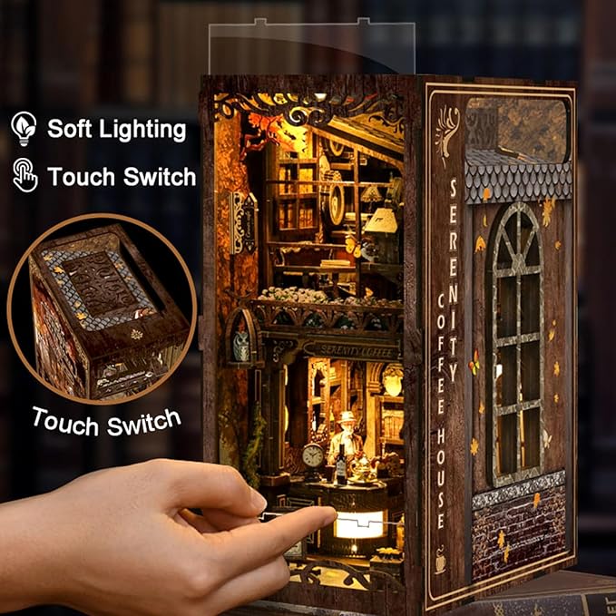DIY Book Nook Kit 3D Puzzles for Adults Miniature House Kit Wooden Bookends Booknook Bookshelf Insert Decor with LED Lights Wood Crafts Gifts for Book Lovers - Serenity Coffee House