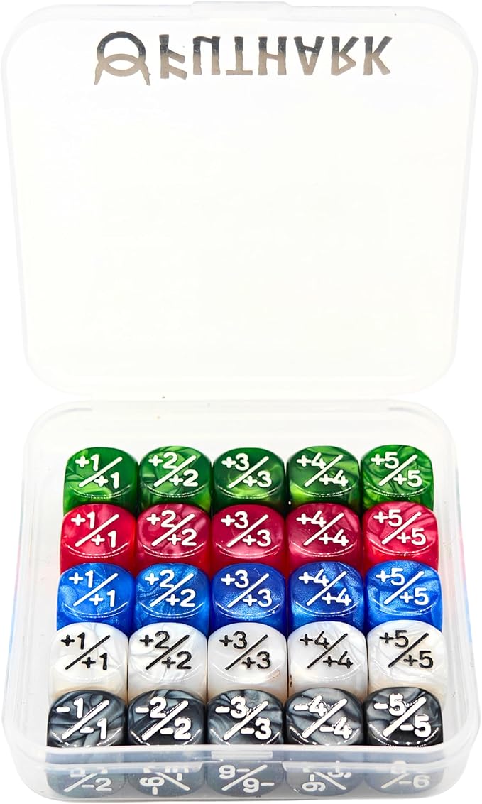 Futhark MTG Counter Dice Set - 25 Compact Multicolored Acrylic Dice with Plus/Minus Counters - Easy to Carry & Easy to Read - Accessories for Magic: The Gathering