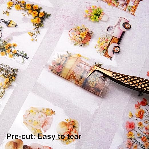 Floral Sea PET Tape Set, 3 Rolls Pre-Cut Botanical Stickers for Scrapbooking, Journaling, DIY Crafts, and Collage Art (30 mm/50 mm/55 mm)