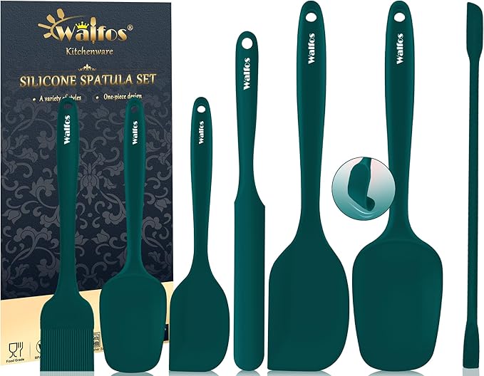 Walfos Silicone Spatula Set of 7 - (600°F) High Heat Resistant Dark Green Kitchen Scraper Spatulas, One-Pieces Seamless Design, Perfect for Cooking Mixing & Baking - BPA Free and Dishwasher Safe