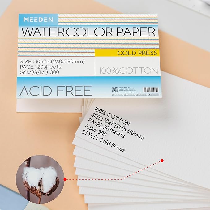 MEEDEN Watercolor Paper Block, 100% Cotton Watercolor Paper Pad of 20 Sheets, 140lb/300gsm, Acid-Free Art Paper for Watercolor, Gouache, Ink and More, 10" x 7" Cold Press