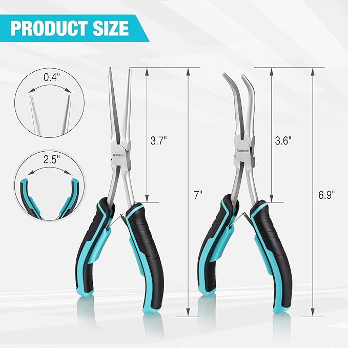 DURATECH 2PCS 7" Long Reach Needle Nose Pliers Set, Long Nose Pliers & Bent Nose Pliers, Small Needle Nose Pliers for Jewelry Making, Wire Wrapping, Wire Bending and Object Gripping on Narrow Space