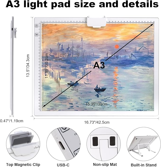 A3 Rechargeable LED Light Pad,Light Box for Tracing with Integrated Stand,3 Light Colors 6 Levels of Brightness and stepless dimming,Light Board for Diamond Painting,Drawing,Artists