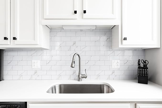 4 Pieces Peel and Stick Backsplash for Kitchen, 3" x 6" PVC Subway Tile 2024 Upgraded Glossy White Marble with White Grout Backsplash Stick on Tile Elevate Kitchen Fireplace RV