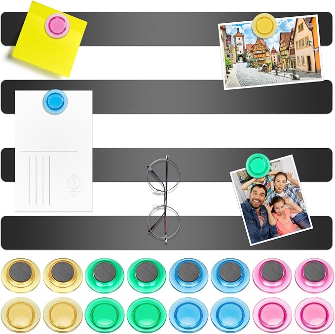 Wukong 4 Pack | 30x3cm(11.81 x 1.18) Magnetic Stainless Black Boards Strips, Adhesive Backing Bulletin Bar Board, Memo Board with 16Pcs Colorful Magnets for Office, Home, Photo Wall, Documents