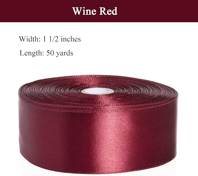 1 1/2 Inch Wine Red Solid Satin Ribbon, 50 Yards Craft Fabric Ribbon for Gift Wrapping Floral Bouquets Wedding Party Decoration
