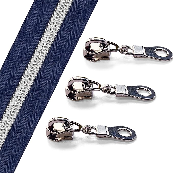 The Yards 10 Yards Bulk Navy Blue Nylon Coil Zipper with Silver Teeth - Replacement Sewing Zipper with 10PCS Sliders for DIY Sewing Craft Bags