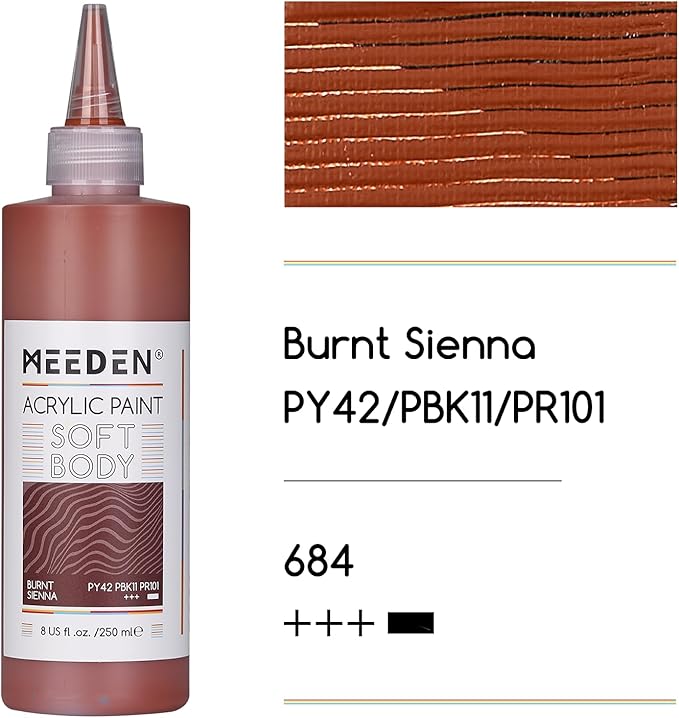 MEEDEN Soft Body Acrylic Paint: Burnt Sienna Matte Finish - 250ml/8.45oz Bulk Acrylic Colors in Ergonomic Bottle - Fluid Flow Art Paints for Artists Canvas Painting