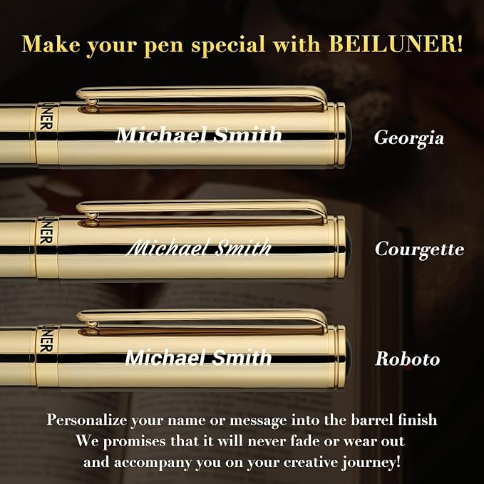 BEILUNER Luxury Personalized Gold Rollerball Pen, Stunning 24K Gold Finish, Noble and Elegant Designs,Schneider Refill, Fancy Gift Set for Men & Women, Executive Writing, Office, Nice Graduation Gift